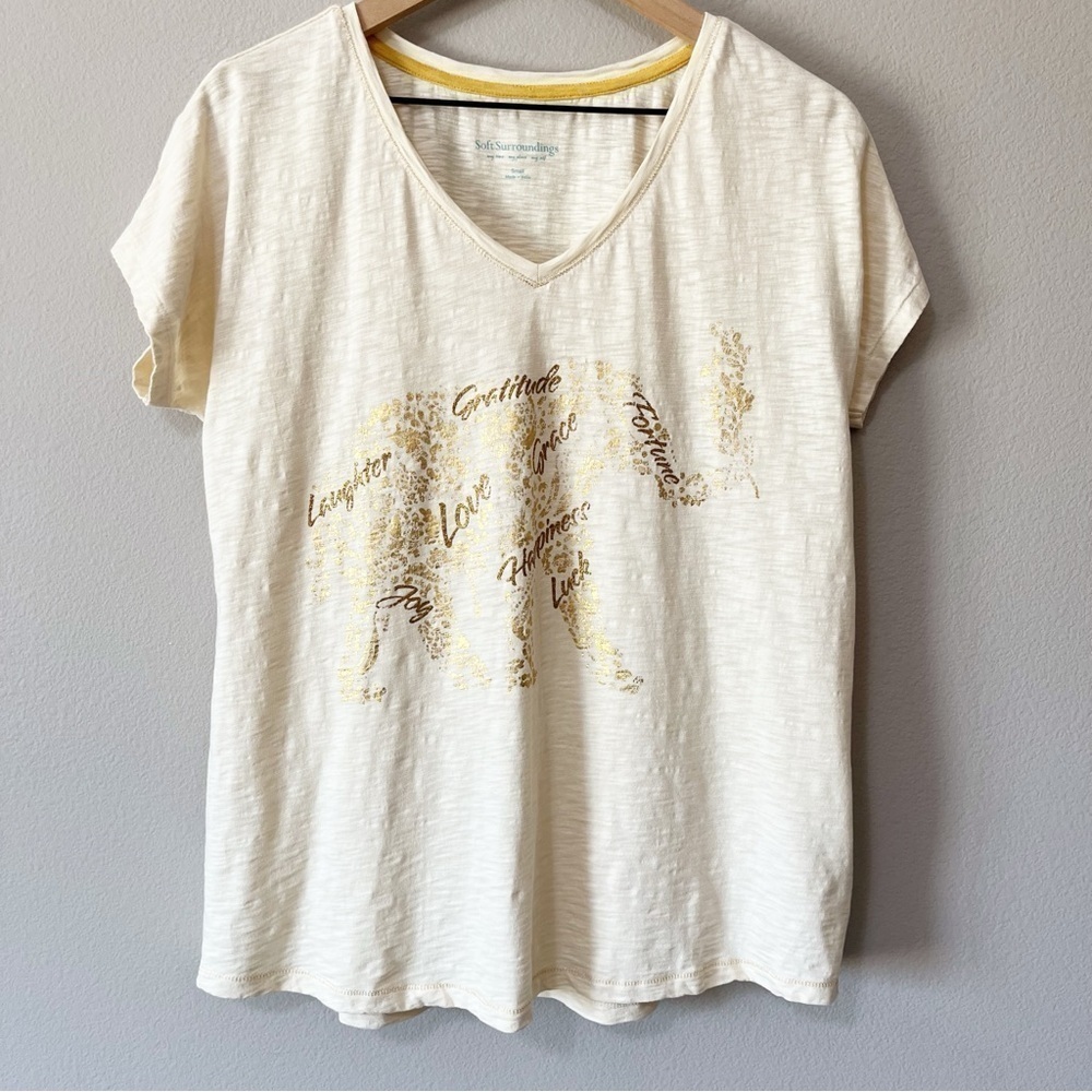 Soft Surroundings Size Small Gold Foil Metallic Elephant Graphic Tee Shirt Ivory